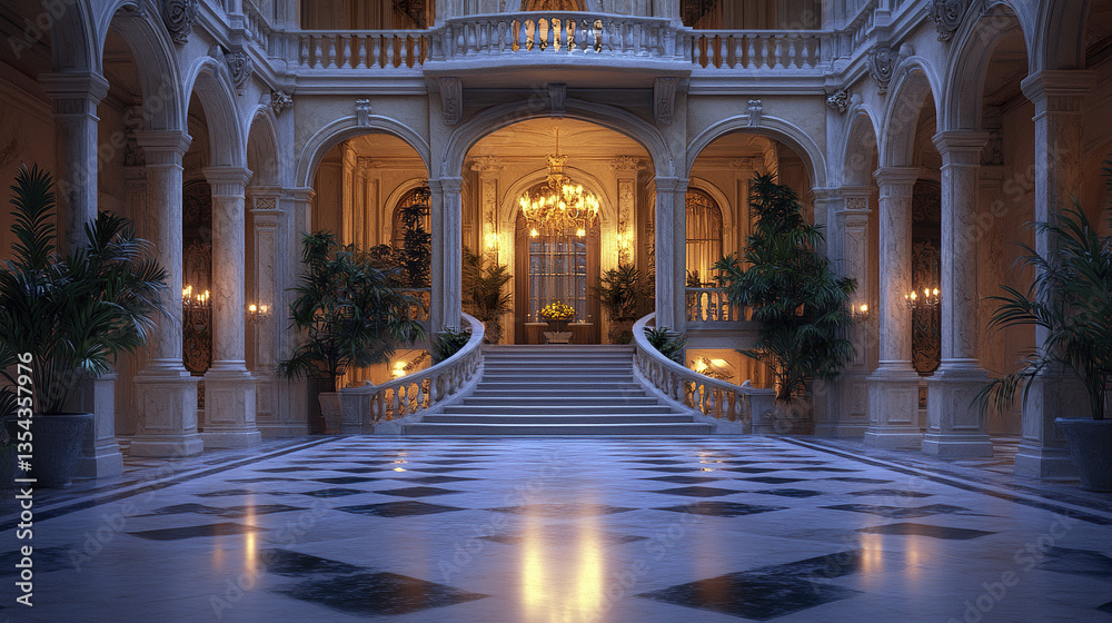 Fototapeta premium Elegant mansion interior with grand staircase and chandeliers