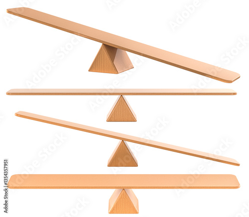 Empty Wooden Seesaws Balance set. Balanced and Unbalanced, 3D rendering isolated on transparent background photo
