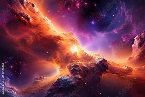 A cosmic nebula in orange and purple tones in space.