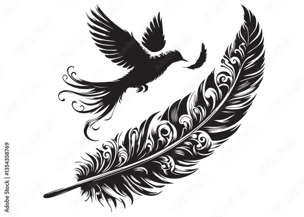 Obraz premium vector silhouette of a feather with flying bird logo, feather with flying bird logo icon, feather with bird logo design black animal, black feather with flying bird silhouettes on white background
