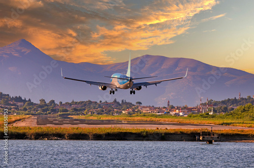 Obraz na płótnie Passenger airplane landing at Kerkyra Airport, Corfu International Airport. Corfu island, Greece w salonie