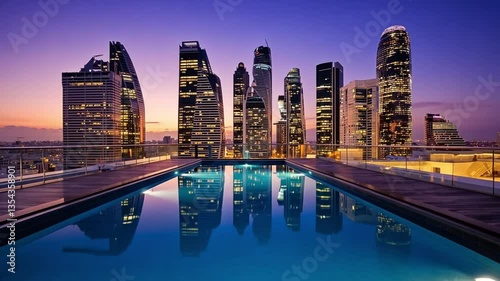 Rooftop Swimming Pool Reflecting City Skyline at Dusk