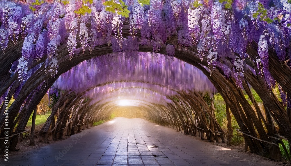 Naklejka premium 満開の藤の花が垂れ下がる、静かな藤のトンネル