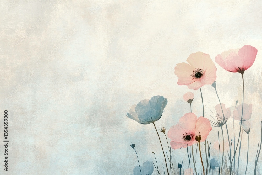 Naklejka premium Delicate pastel flowers on a soft background, evoking feelings of tranquility and beauty, perfect for spring themes and wellness concepts