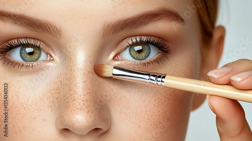 Close-up of woman applying makeup with brush.