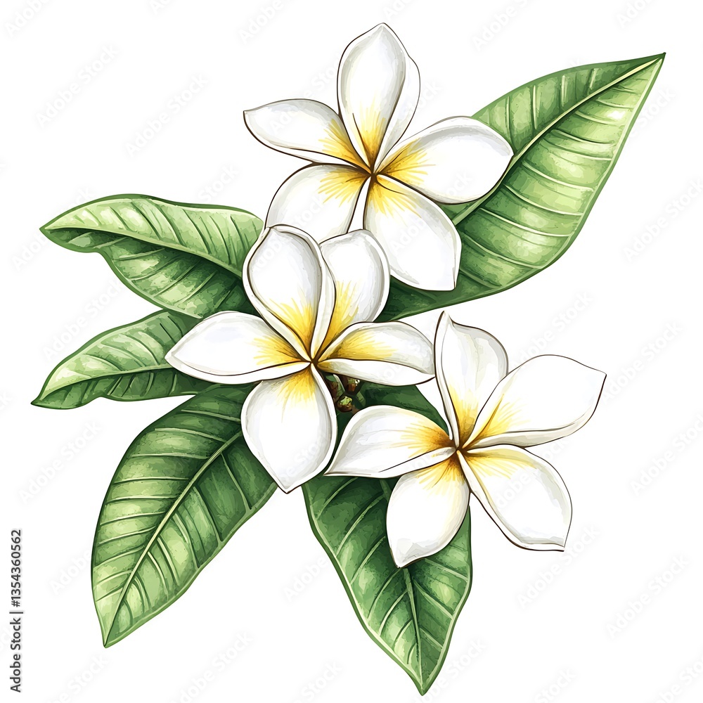 Fototapeta premium Plumeria Flowers Watercolor, White Frangipani Blossom with Green Leaves Bouquet Isolated