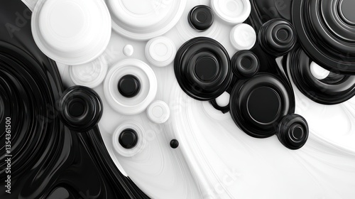 Monochrome Abstract Background with Artistic Black and White Circular Ink Splashes