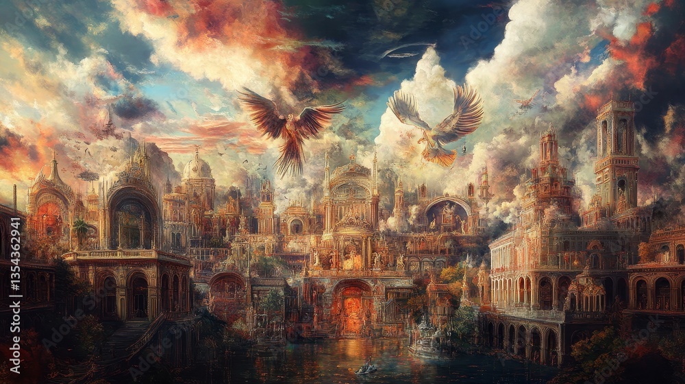Majestic cityscape with eagles soaring through clouds in a painting. Majestic cityscape with eagles soaring through clouds in a painting.