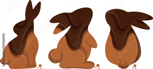 set of gingerbread cookies in the shape of rabbits in different shapes and poses covered in dark chocolate, for a variety of Easter designs