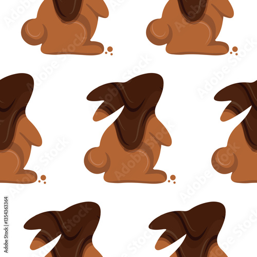 pattern with gingerbread cookies in the shape of a rabbit standing on its hind legs and looking up with crumbs and covered in dark chocolate next to it, for Easter decorations and backgrounds
