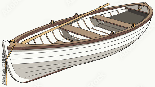 Classic Wooden Rowboat with White Painted Hull, Isolated on White Background.