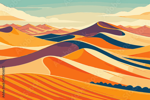 Sand dunes and rolling hills with desert trees a scenic landscape in EPS and vector format. Vibrant Desert Landscape with Flowing Sand Dunes and Valleys