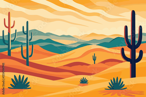 Sand dunes and rolling hills with desert trees a scenic landscape in EPS and vector format. Colorful Desert Landscape with Cacti and Rolling Sand Dunes