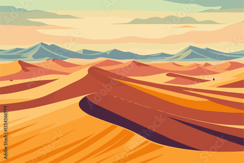 Sand dunes and rolling hills with desert trees a scenic landscape in EPS and vector format. Expansive Desert Landscape with Rolling Dunes and Soft Hues