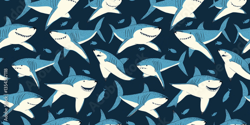 Shark seamless pattern illustration in blue and white on dark background  