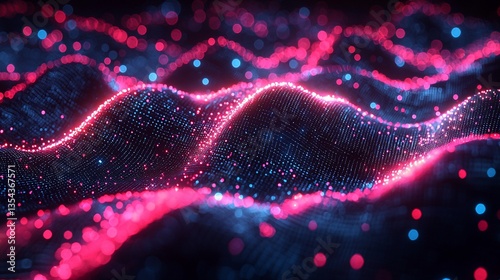 Abstract pink and blue particle wave background.