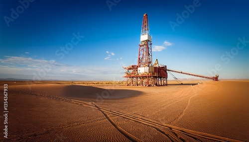 Oil rig in the middle of the desert; oil refinery, drilling station in the middle east, oil and gas industry