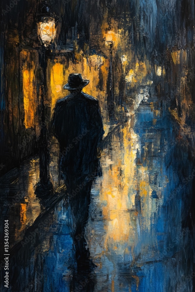 Obraz premium Man walking alone under streetlights at night.