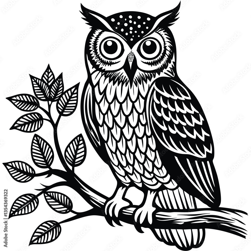 an owl sitting on a branch on a white background, isolated white background