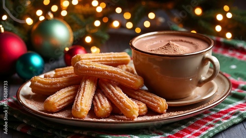 Golden churros and rich Spanish hot chocolate on a festive holiday table