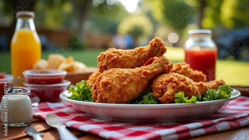 Homemade fried chicken served on a picnic table with colorful condiments