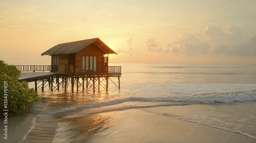 serene beach bungalow on stilts at sunset with gentle waves serene beach bungalow on stilts at sunset with gentle waves