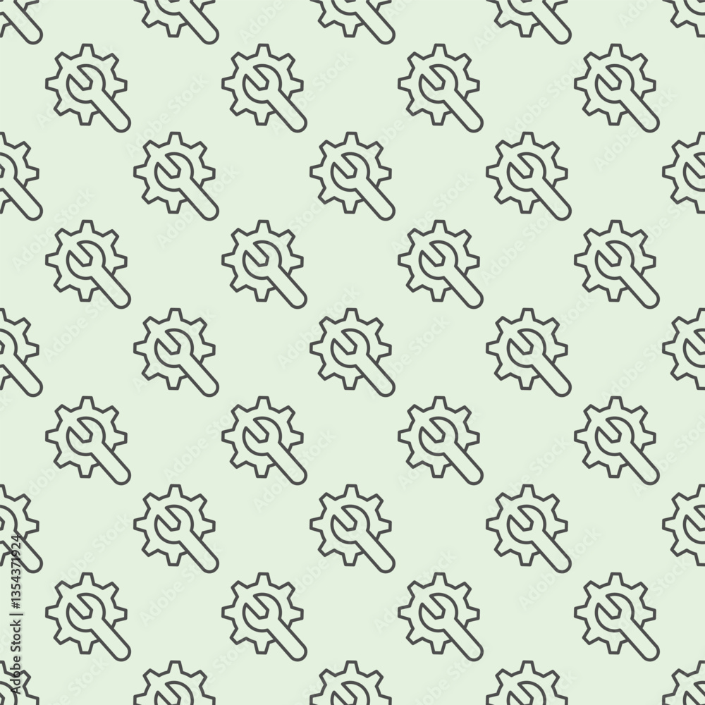 Wrench with cogwheel gear line seamless pattern, repair service theme. Vector graphics. Mechanic tool, custom settings sign with background, repeat line icon.