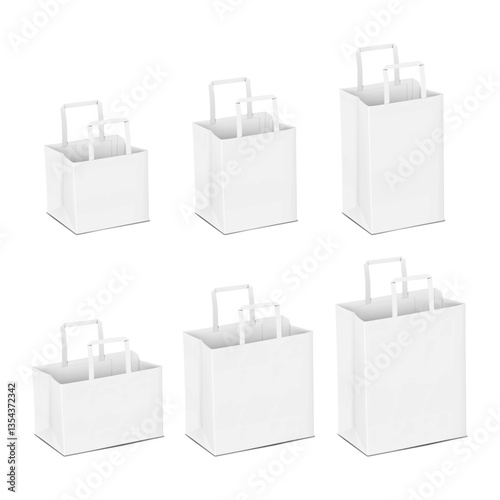 Blank tape handle paper carrier bag isolated on white background. Realistic 3d vector mockup set. Easy editable. Takeout food package with side gusset and flat bottom. Mock-up. Template for design