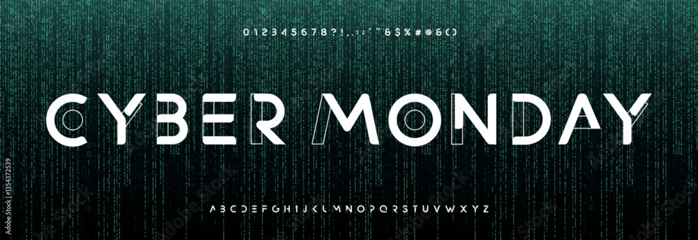 Cyber Monday glowing text with futuristic digital font on binary code background. Neon tech sale concept for e-commerce, shopping, advertising banner. Matrix glitch style. Vector illustration Cyber Monday glowing text with futuristic digital font on binary code background. Neon tech sale concept for e-commerce, shopping, advertising banner. Matrix glitch style. Vector illustration