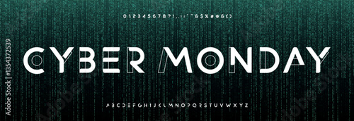Cyber Monday glowing text with futuristic digital font on binary code background. Neon tech sale concept for e-commerce, shopping, advertising banner. Matrix glitch style. Vector illustration