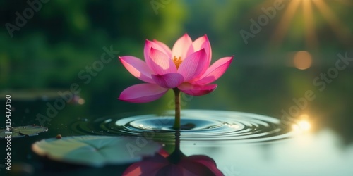 Wallpaper Mural Serene Pink Water Lily Blooming at Dawn, Reflecting in Calm Water, Gentle Ripples Expanding Outward Torontodigital.ca