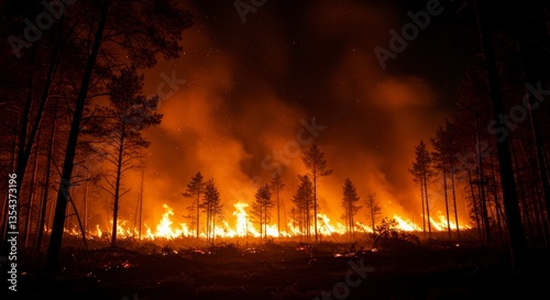 Fototapeta Naklejka Na Ścianę i Meble -  Forest Fire Burning Fiercely at Night with Smoke and Glowing Flames