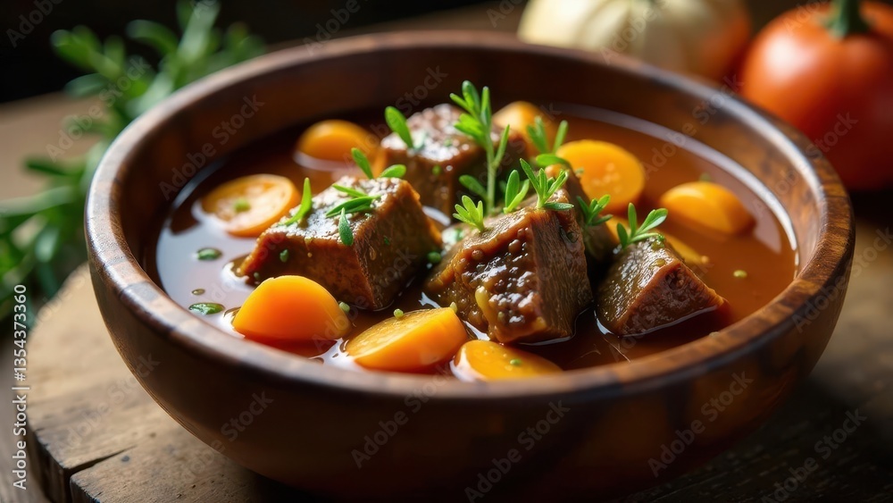 Savory Stew with Tender Cubes of Meat and Sweet Carrots in a Rustic Wooden Bowl Savory Stew with Tender Cubes of Meat and Sweet Carrots in a Rustic Wooden Bowl