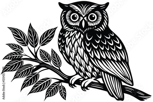 A dark silhouette of an owl perched on a branch against a stark white background at twilight