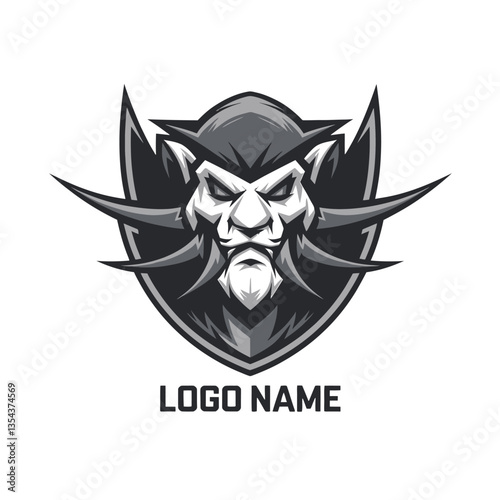 Monochrome horned warrior mascot logo design, fierce esports team emblem, detailed mythological creature heraldry, gaming clan symbol