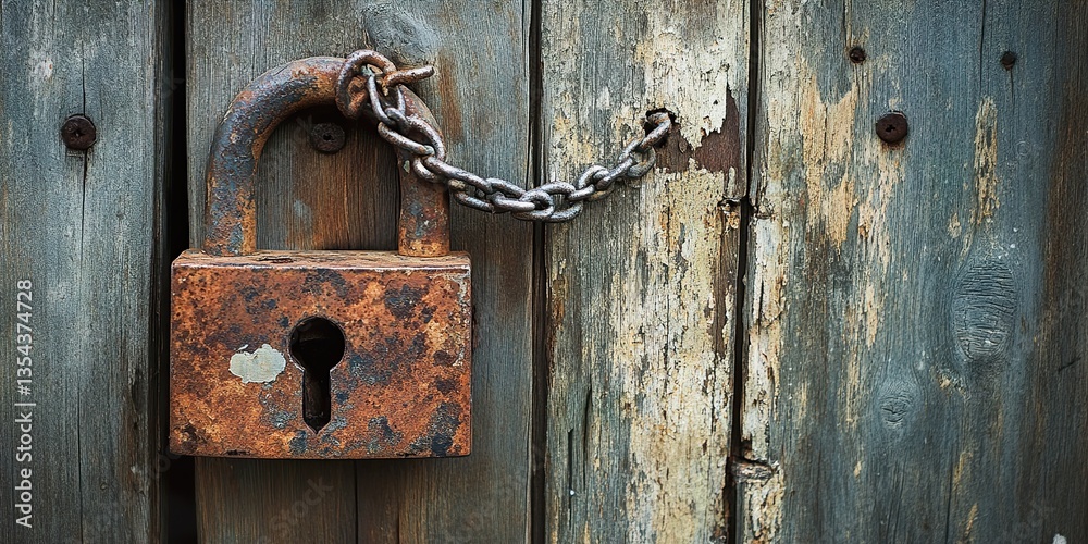 Broken Trust: Rusty Padlock and Chain on Weathered Wooden Door, a Symbol of Loss
Broken Trust: Rusty Padlock and Chain on Weathered Wooden Door, a Symbol of Loss