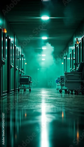A dimly lit hospital corridor with greenish hues and fog, featuring empty patient rooms and a reflective floor.