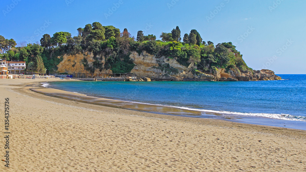 Small Sandy Public Beach in Town Ulcinj Montenegro Travel Sunny Spring Day