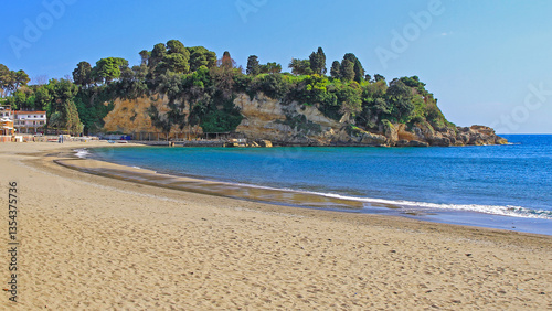 Obraz na płótnie Small Sandy Public Beach in Town Ulcinj Montenegro Travel Sunny Spring Day w salonie
