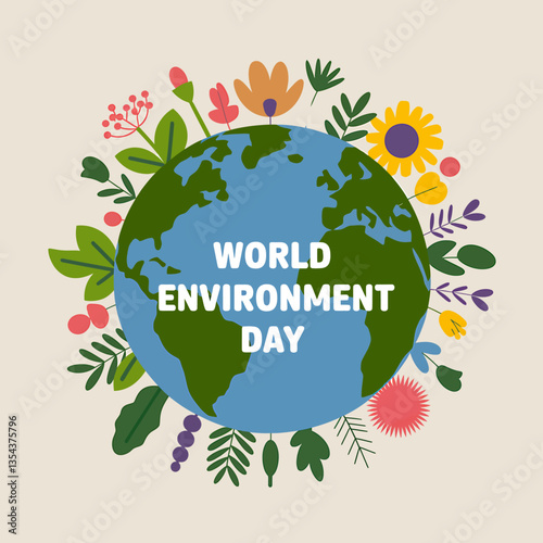 World Environment Day Illustration with Floral Accents, perfect for environmental campaigns and sustainable lifestyle promotions, green planet message