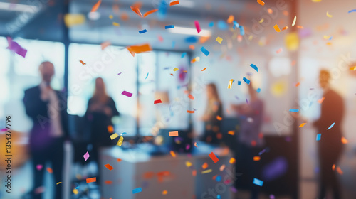 Office party celebration with flying confetti and blurred business people, festive atmosphere for corporate events and success milestones.

