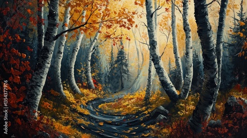 Autumnal Birch Forest Path: A Serene Painting