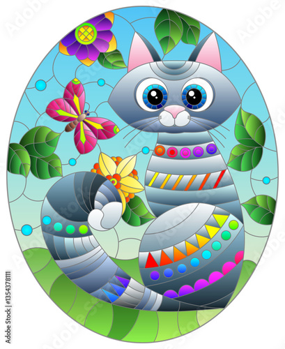 Illustration in stained glass style with a grey cute cat on a background of meadows, bright flowers and sky