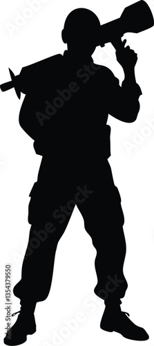 Black silhouette of american soldier with rocket launcher