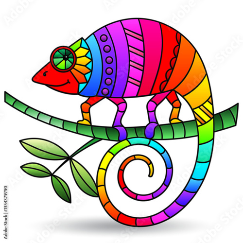 Illustration in the style of a stained glass window with bright chameleon, bright animal isolated on a white background