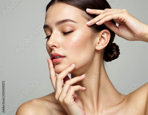 A woman with her hands on her head, looking at the camera