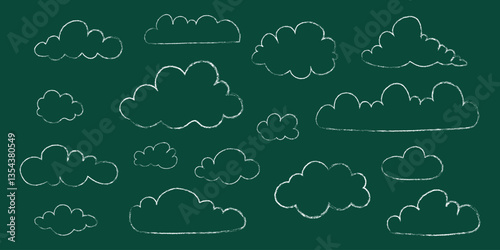 Chalkboard style cloud collection. Cute hand drawn clouds with chalk texture on dark green background. School doodle style weather elements. Cozy and minimal design. Flat vector illustration.