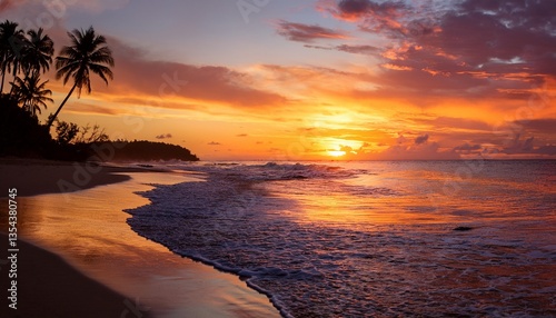 Beautiful Sunset over the Beach with Calm Waves