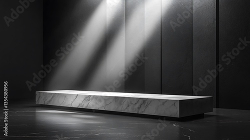 Dark room, marble platform, spotlight, shadows, minimalist.