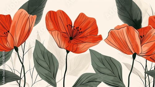 Decorative floral illustration of orange poppy blossoms on a beige background